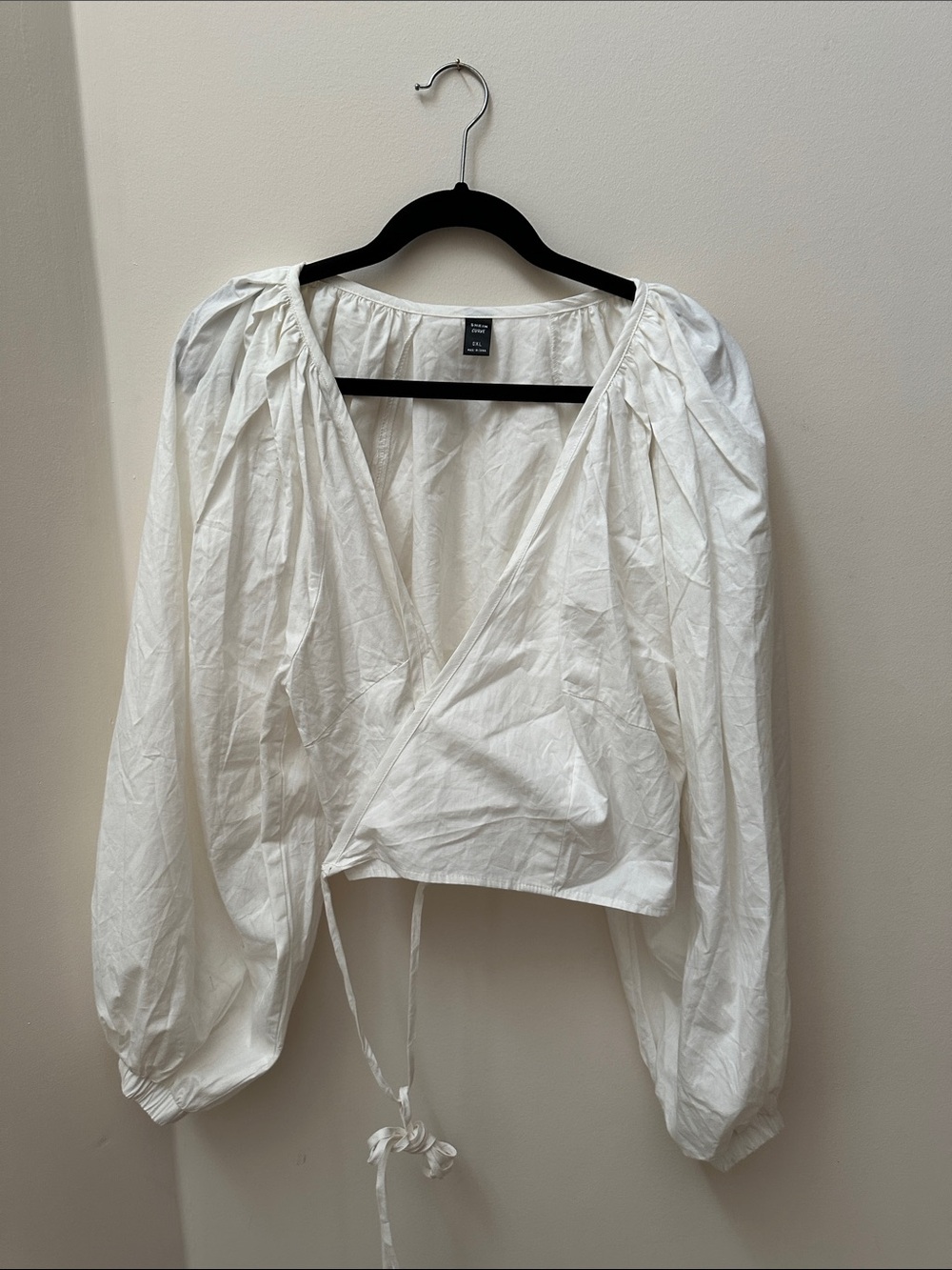 2/$20 White Cotton Wrap Top with Lantern Sleeves
